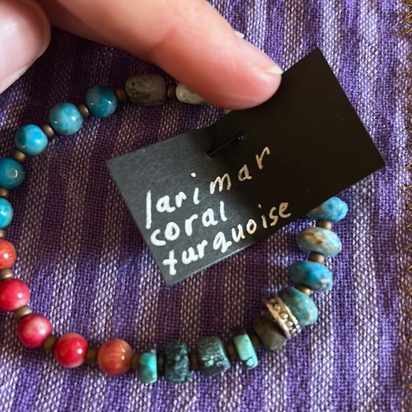 Hand-made semi-precious gemstone bracelet. Larimar, Coral, Turquoise. - Picture 3 of 5